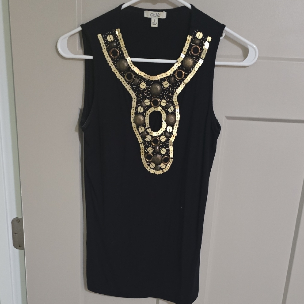 Cache Black and Gold Embellished Sleeveless Tank Top